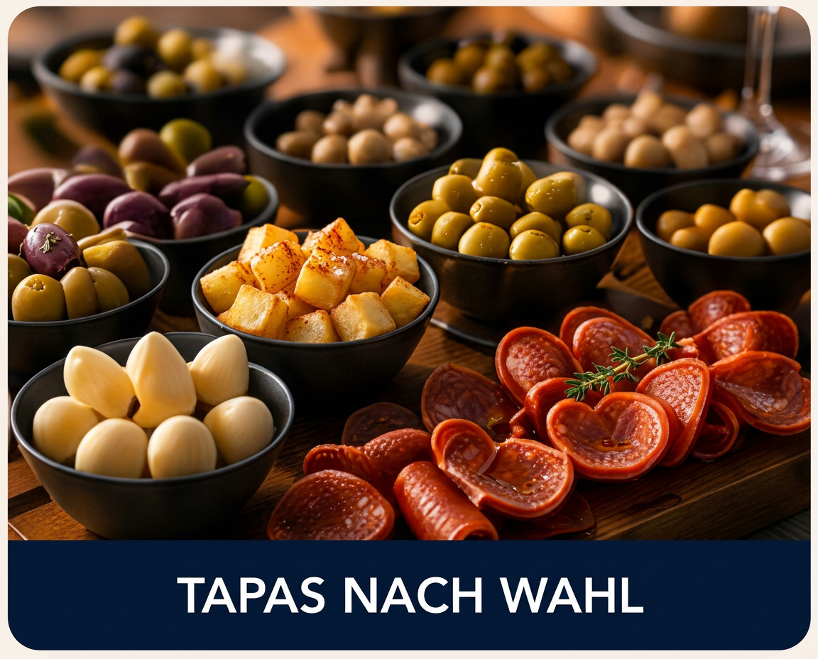 Tapas nach Wahl: spanische Schälchen mit Oliven und Snacks