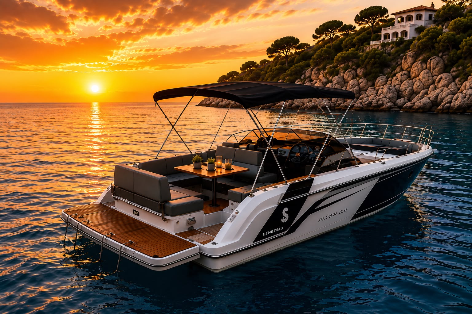 8 Meter Yacht im goldenen Abendlicht vor der Küste Mallorcas